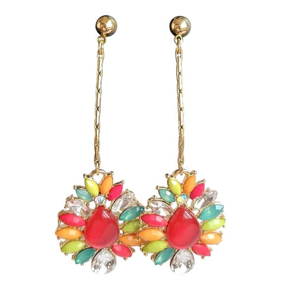 Gold Tone Drop Earrings Multicolor Resin Stones 2.75" Long Rhinestone, Gift Bag - Picture 2 of 13
